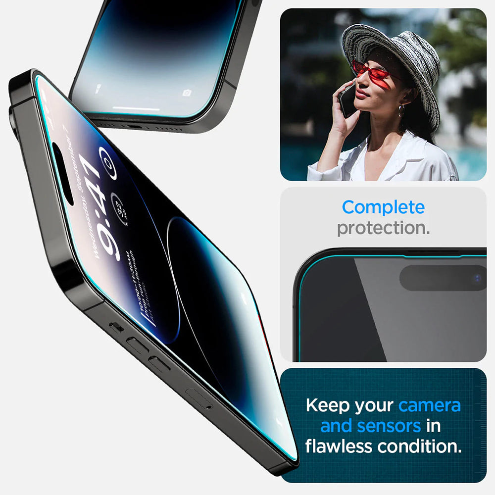 Фолио за защита на екрана Spigen GlastR EZ FIT за Apple iPhone 14 Pro, закалено стъкло, пълно залепване, комплект от 2 броя