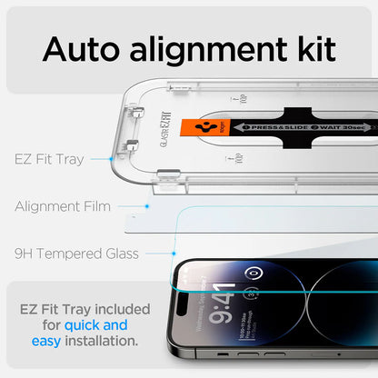 Фолио за защита на екрана Spigen GlastR EZ FIT за Apple iPhone 14 Pro, закалено стъкло, пълно залепване, комплект от 2 броя