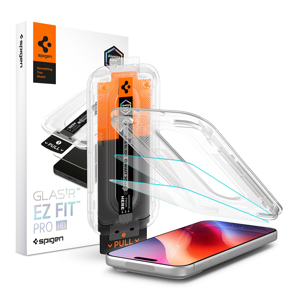 Протектор за екран Spigen GlastR EZ FIT Pro HD за Apple iPhone 18 Pro / 17 Pro / 17 / 16 Pro, закалено стъкло, пълно залепване, комплект 2 броя AGL12047