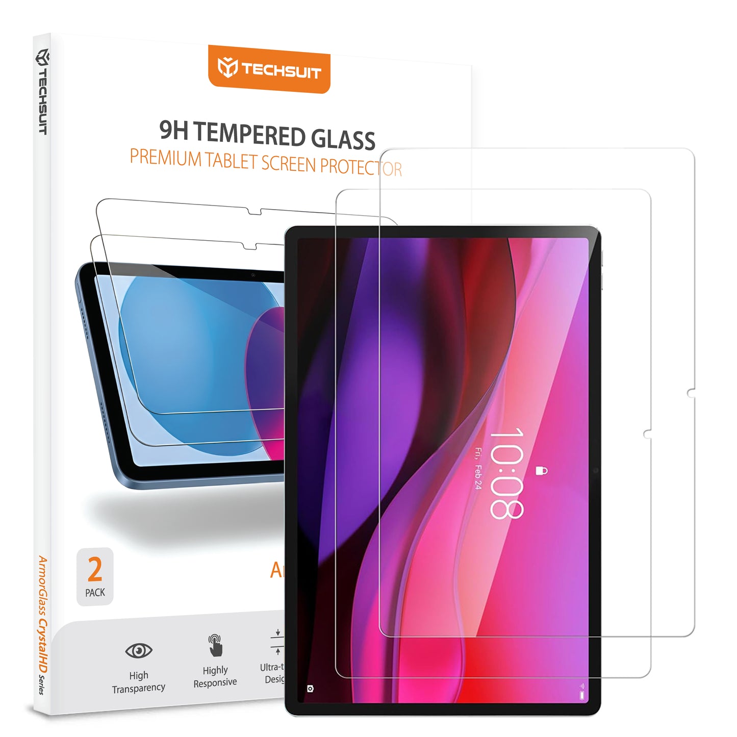 Защитно фолио за екран Techsuit ArmorGlass CrystalHD за Lenovo Yoga Tab Plus, закалено стъкло, пълно залепване, комплект от 2 броя.