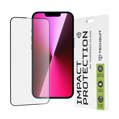 Протектор за екран Techsuit M2 за Apple iPhone 17e / 16e / 14 / 13 Pro, закалено стъкло, пълно залепване, 111D, черен