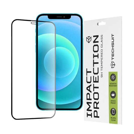 Протектор за екран Techsuit за Apple iPhone 12 / 12 Pro, закалено стъкло, пълно залепване, 111D, черен