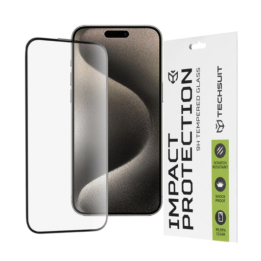 Протектор за екран Techsuit за Apple iPhone 15 Pro Max, закалено стъкло, пълно залепване, 111D, черен