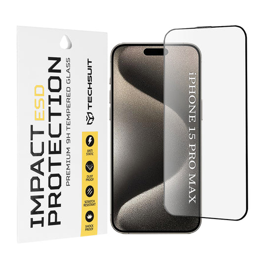 Протектор за екран Techsuit за Apple iPhone 15 Pro Max, закалено стъкло, пълно залепване, черен