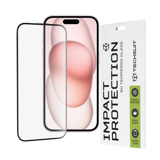 Протектор за екран Techsuit за Apple iPhone 16 / 15, закалено стъкло, пълно залепване, 111D, черен