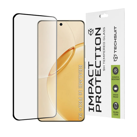 Фолио за защита на екрана Techsuit за Realme 16 Pro+, Закалено стъкло, Пълно лепило, 111D, Черно