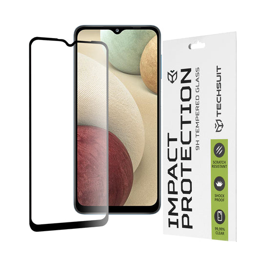 Протектор за екран Techsuit за Samsung Galaxy F12 F127 / A12 Nacho A127 / M02 M022 / M12 M127, закалено стъкло, пълно залепване, 111D, черен