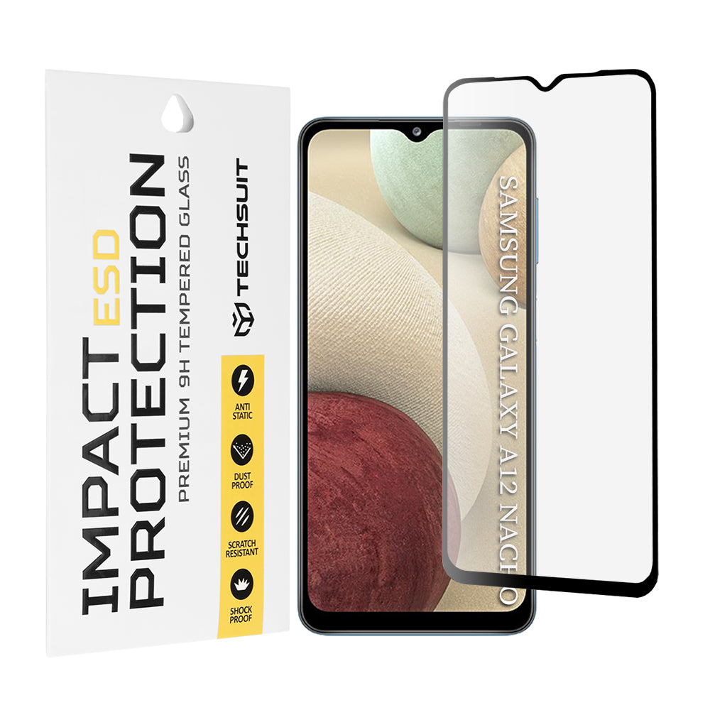 Протектор за екран Techsuit за Samsung Galaxy F12 F127 / A12 Nacho A127 / M02 M022 / M12 M127, закалено стъкло, пълно залепване, черен