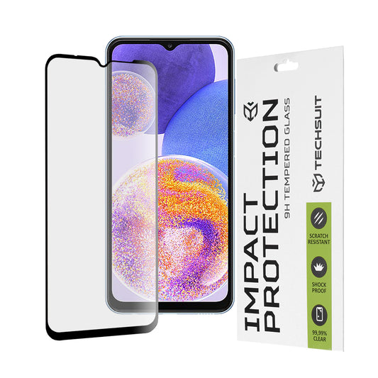 Протектор за екран Techsuit за Samsung Galaxy M13 M135 / F13 E135 / A23 5G A236 / A23 A235, закалено стъкло, пълно залепване, 111D, черен