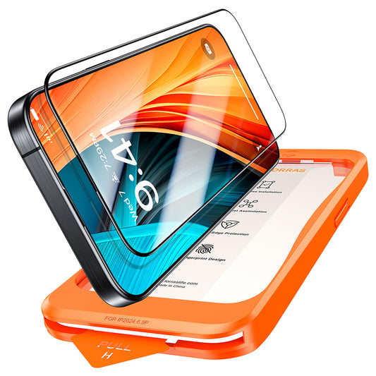 Защитно фолио за екран Torras GlassGo Install Master за Apple iPhone 16 Plus, закалено стъкло, пълно залепване, черно