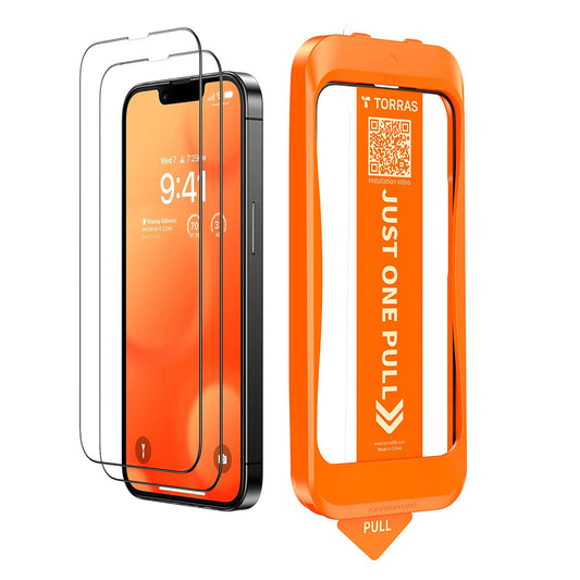 Протектор за екран Torras GlassGo Install Master за Apple iPhone 17e / 16e / 14 / 13 Pro, закалено стъкло, пълно залепване, комплект от 2 броя