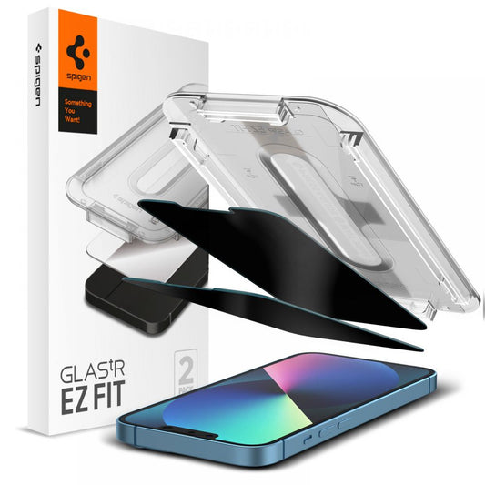 Протектор за екран Privacy Spigen GlastR EZ FIT за Apple iPhone 17e / 16e / 14 / 13 Pro, закалено стъкло, пълно залепване, комплект 2 броя AGL03388