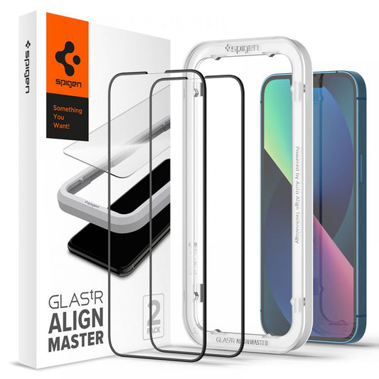 Защитно фолио за екран Spigen GlastR Align Master за Apple iPhone 16e / 14, закалено стъкло, пълно залепване, комплект от 2 броя, черно AGL03387