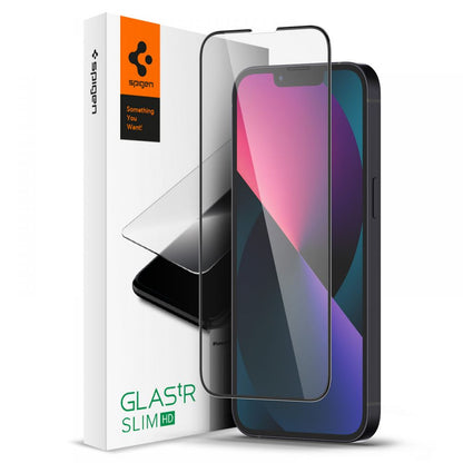 Защитно фолио за екран Spigen GlastR Slim за Apple iPhone 17e / 16e / 14 / 13 Pro, закалено стъкло, пълно залепване, черно AGL03392
