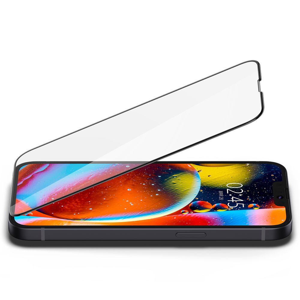 Защитно фолио за екран Spigen GlastR Slim за Apple iPhone 17e / 16e / 14 / 13 Pro, закалено стъкло, пълно залепване, черно AGL03392