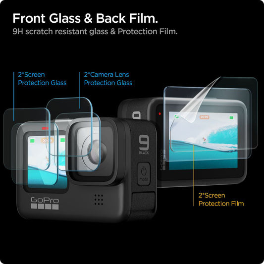 Фолио за защита на екрана и лещата Spigen GlastR Slim за GoPro Hero 12 / 9 / 10 / 11, Закалено стъкло, Комплект 6 броя AGL03045