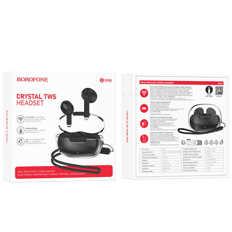 Handsfree Bluetooth Borofone BW46 Ice Flake, TWS, Черен