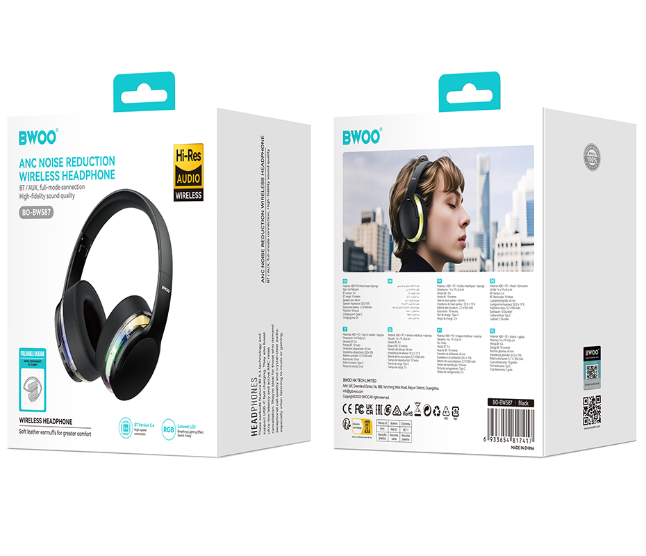 Слушалки с микрофон Bluetooth BWOO BO-BW587, A2DP, ANC, Черен