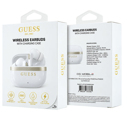 Безжични слушалки Bluetooth Guess Glossy Gold Line Printed Classic Logo, TWS, бели