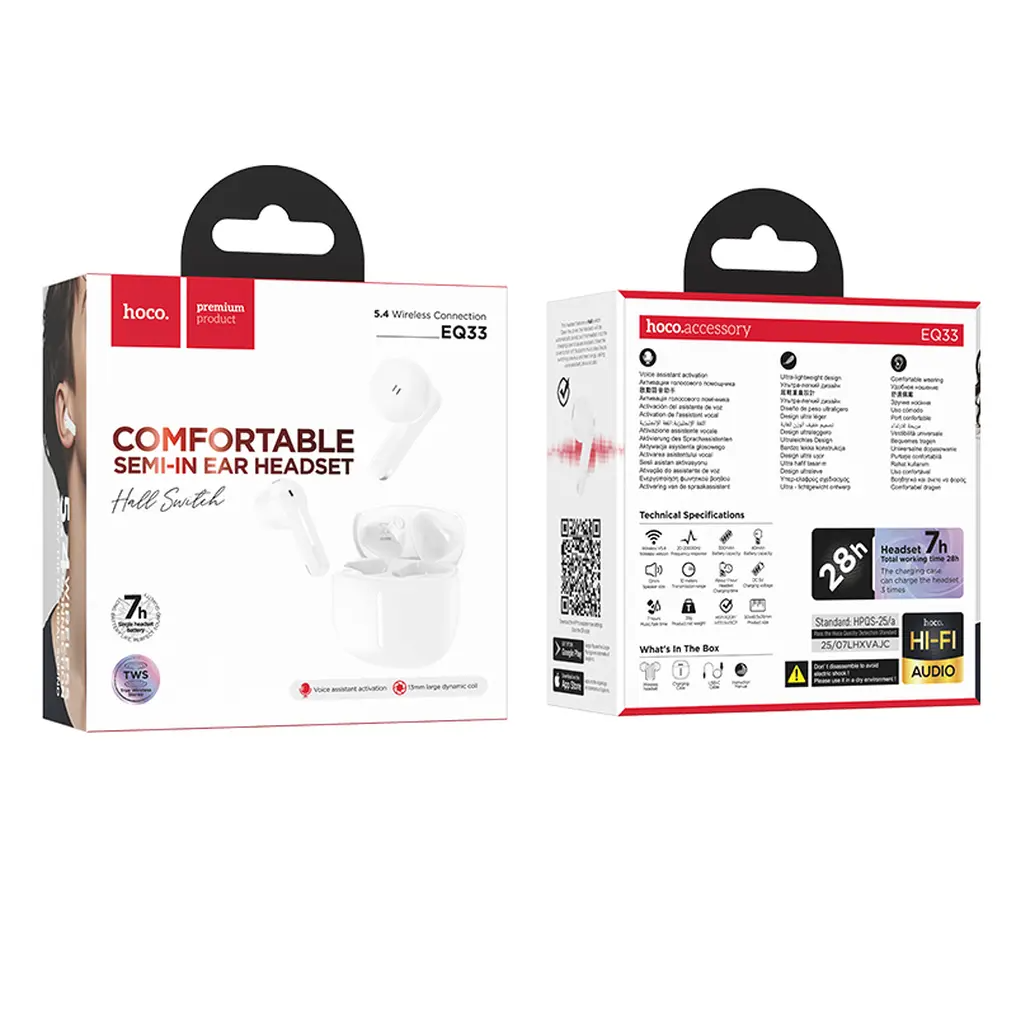 Безжични слушалки Bluetooth HOCO EQ33, TWS, Бял