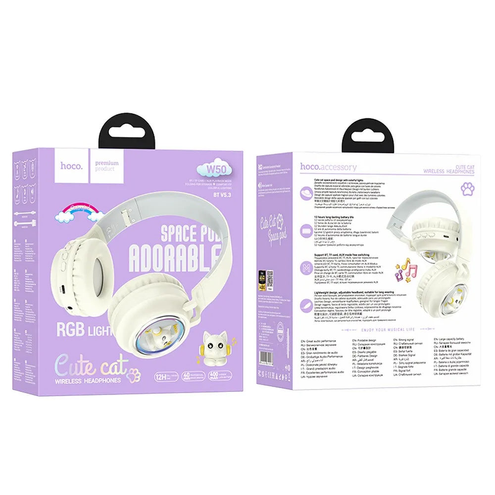 Handsfree Bluetooth HOCO W50 Kids Cute Cat, A2DP, Бял