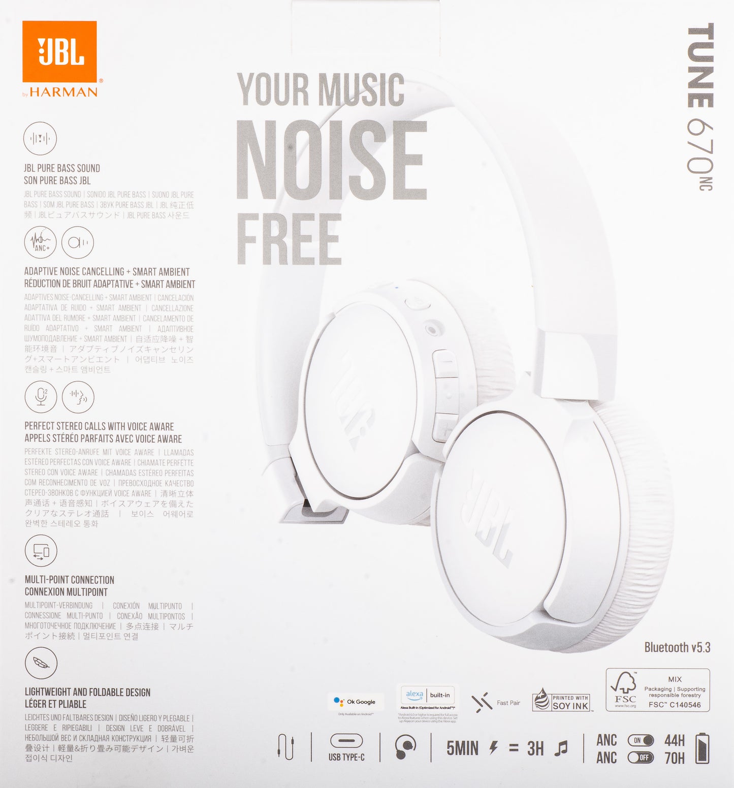 Handsfree Bluetooth JBL Tune 670NC, MultiPoint, A2DP, ANC, Бял JBLT670NCWHTAP