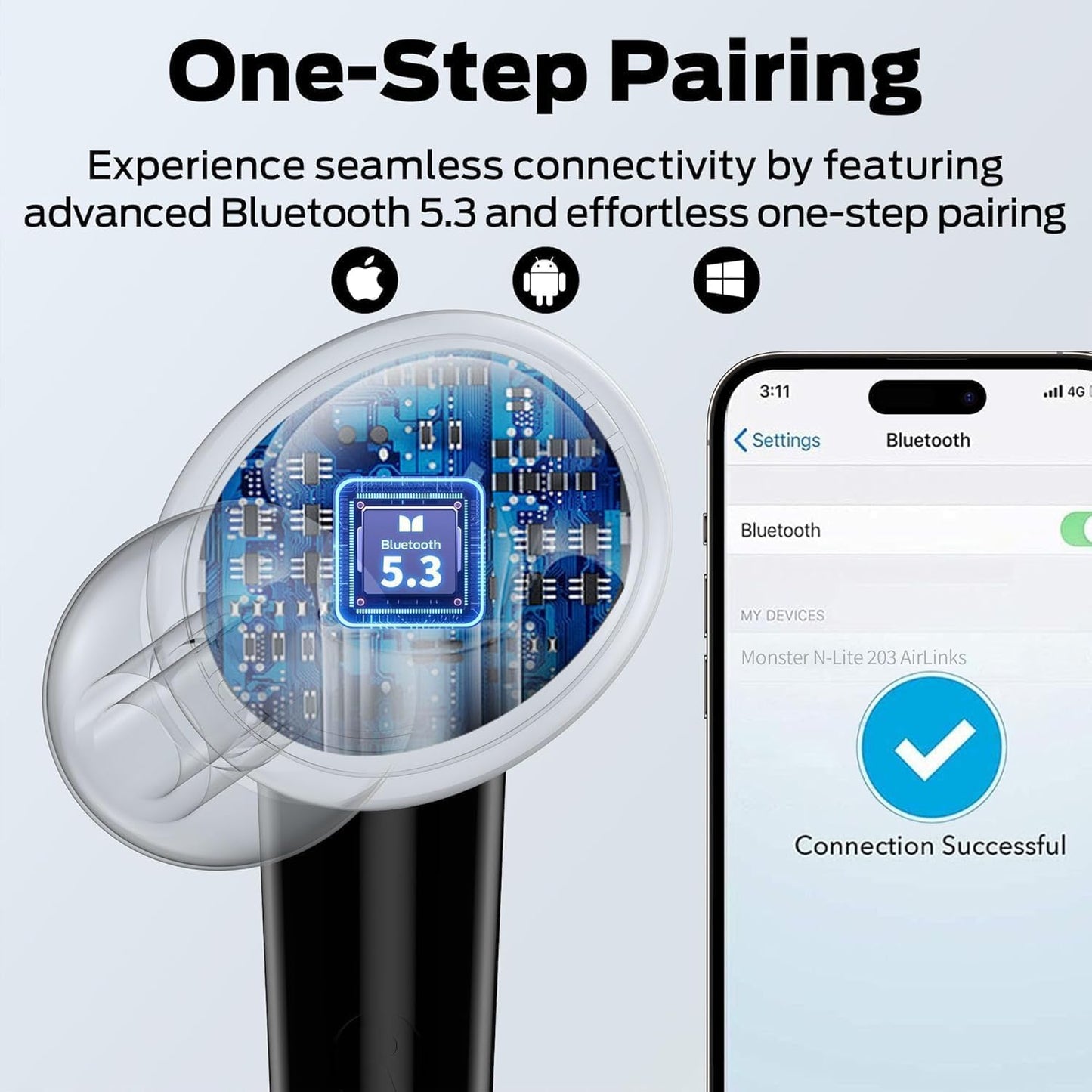 Слушалки с микрофон Bluetooth Monster N-Lite 203 AirLinks, TWS, Черен