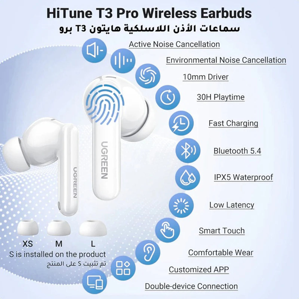 UGREEN HiTune T3 Pro WS206 Bluetooth Handsfree, TWS, ANC, MultiPoint, White