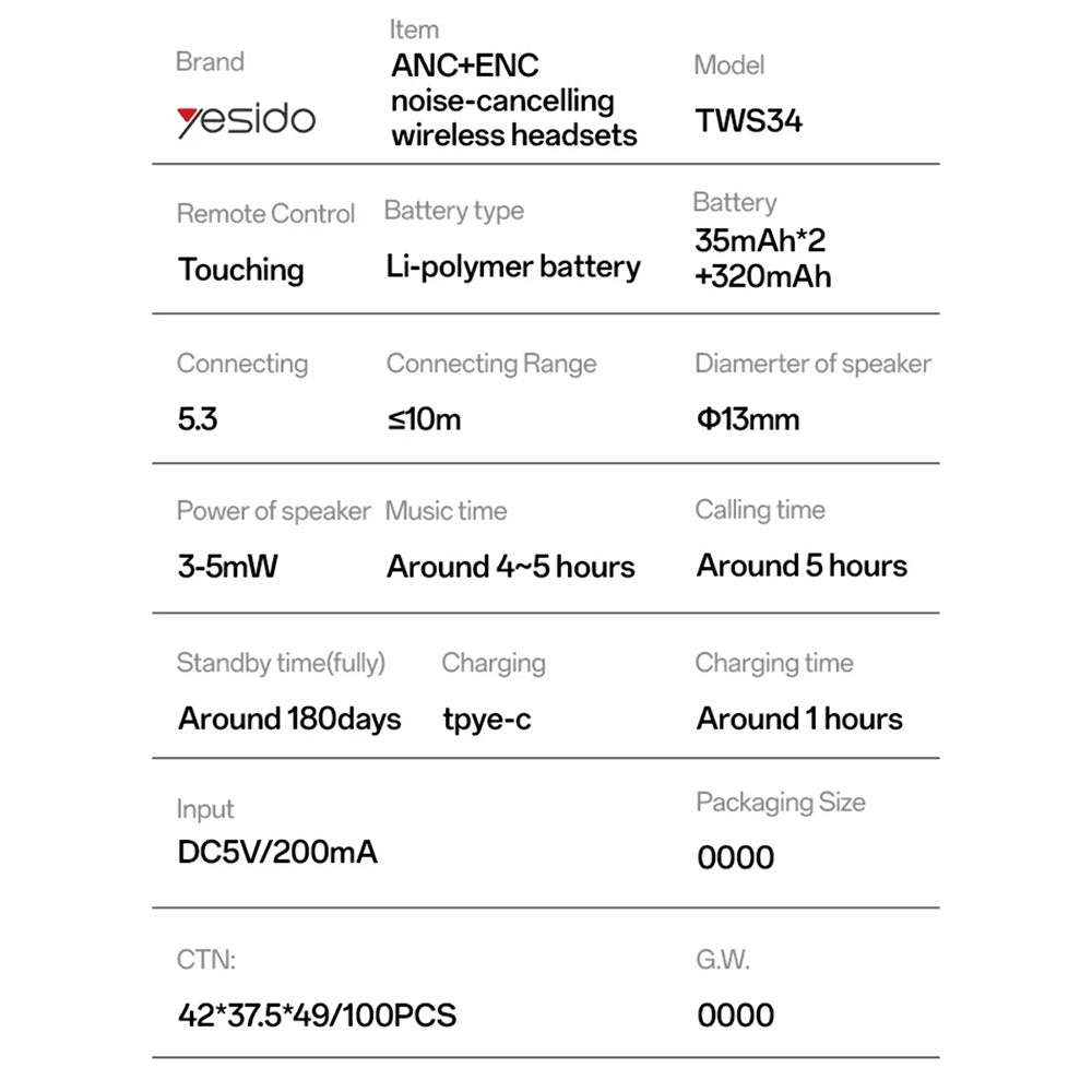 Handsfree Bluetooth Yesido TWS34, TWS, ANC, Бял
