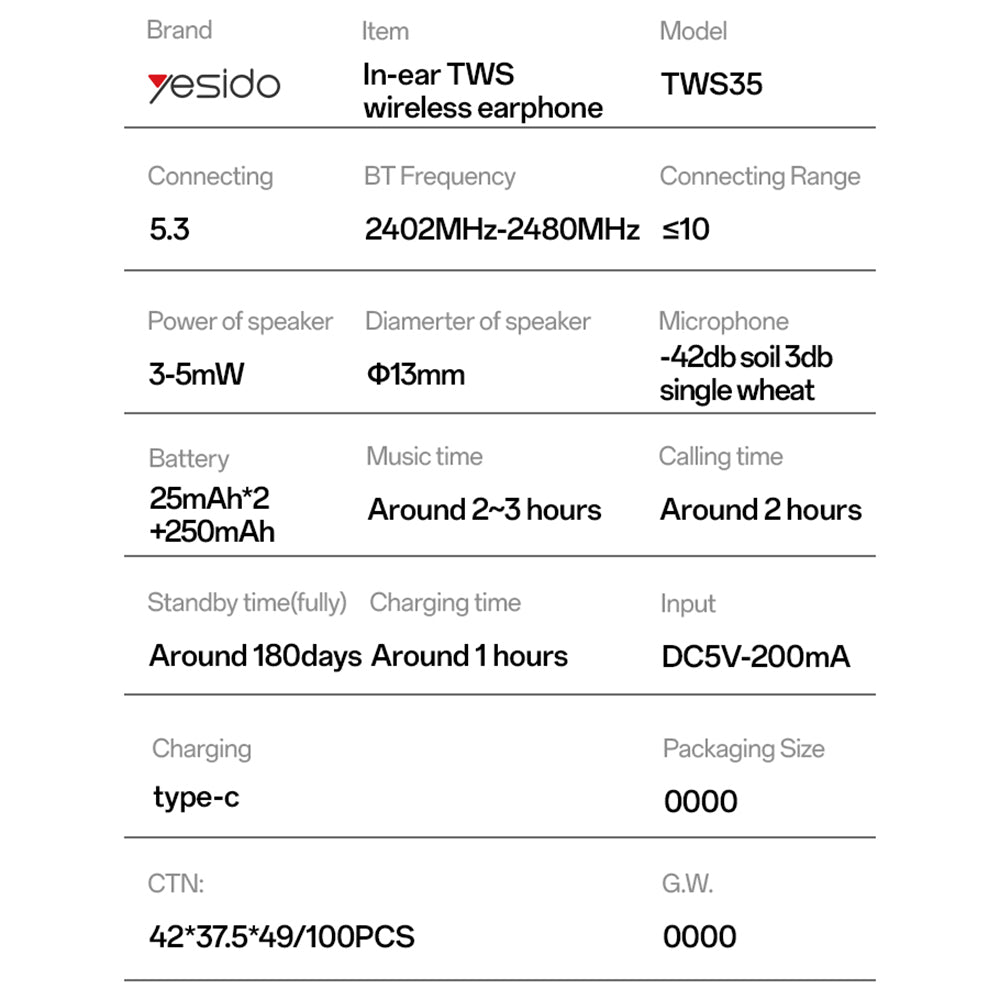 Handsfree Bluetooth Yesido TWS35, TWS, Бял