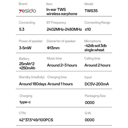 Handsfree Bluetooth Yesido TWS35, TWS, Бял