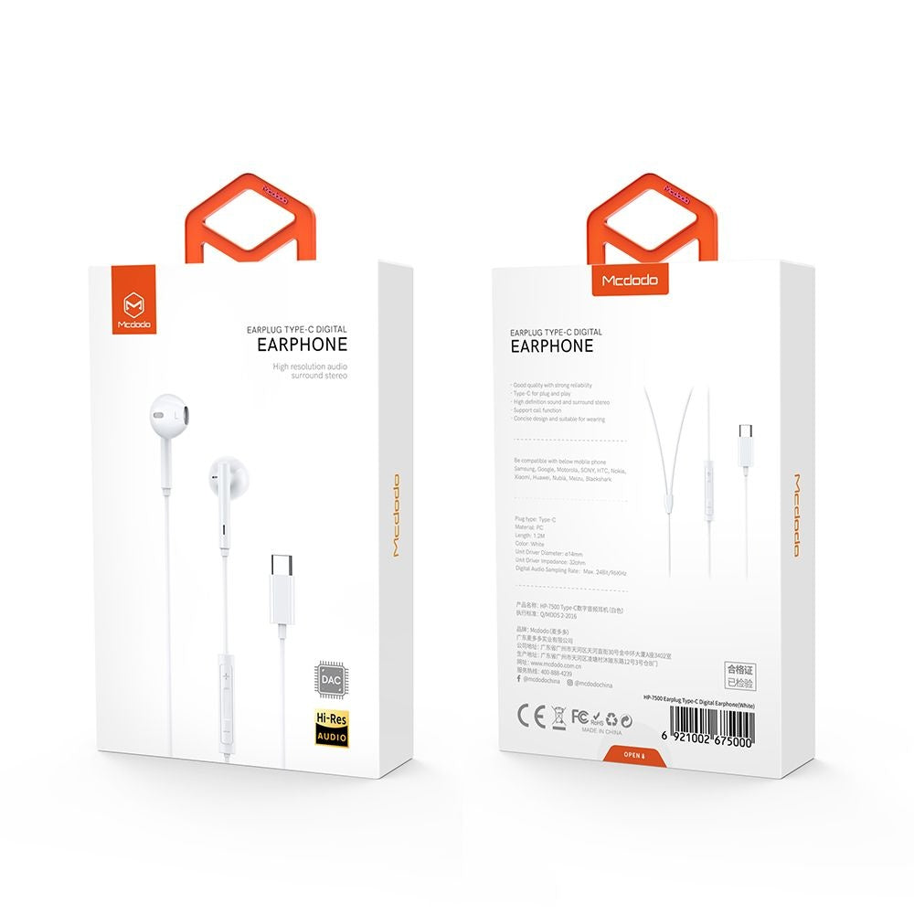 Handsfree USB-C McDodo HP-7500, 1.2m, Бял
