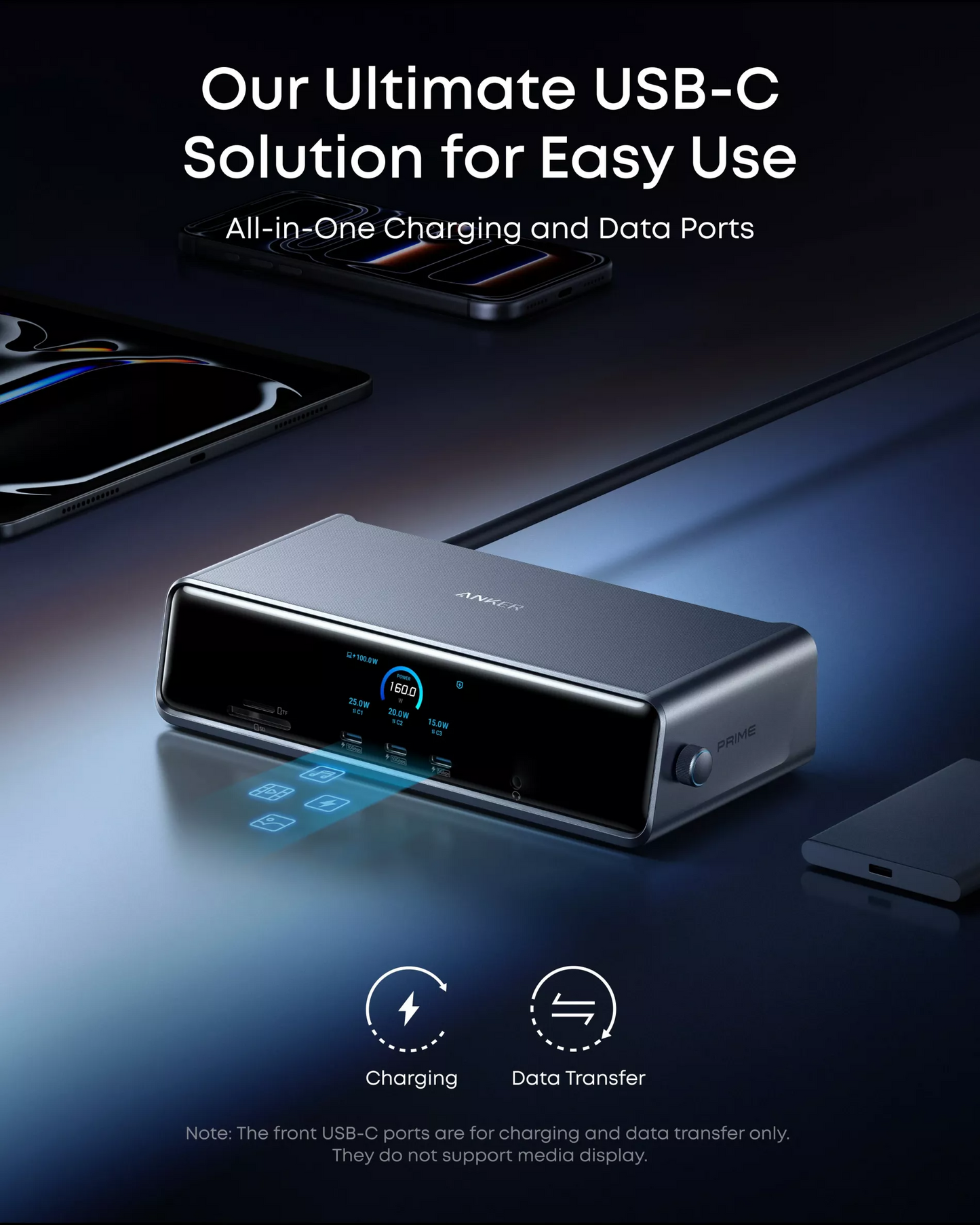 Мултифункционален хъб Anker Prime, 3 x USB-A - 4 x USB-C - 1 x Display Port - 2 x HDMI - 1 x жак 3.5 мм - 1 x RJ45 - 1 x SD - 1 x microSD, Сив A83B33A1