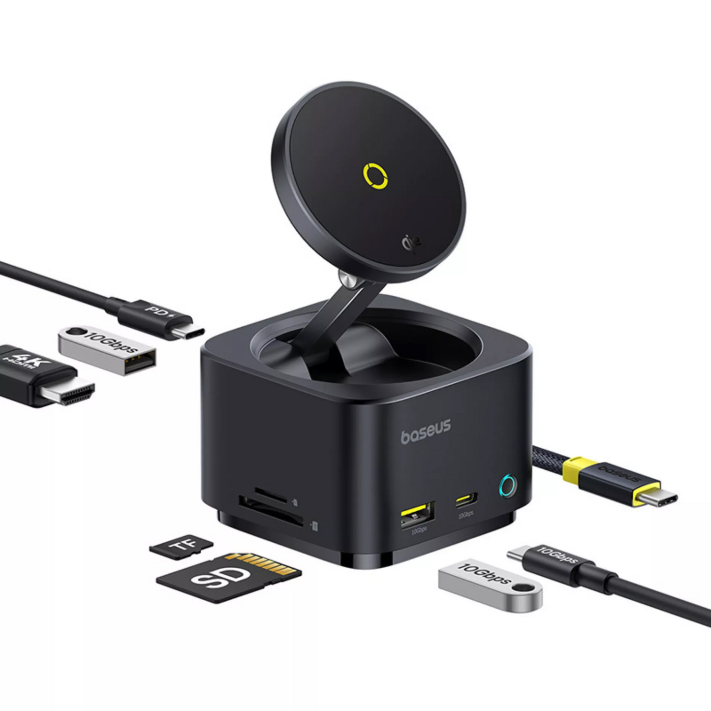 Мултифункционален хъб Baseus MagPro II 7в1, 1 x USB-A - 2 x USB-C - 1 x HDMI - 1 x QI - 1 x SD - 1 x microSD, Черен Ресилиран B00072900121-00