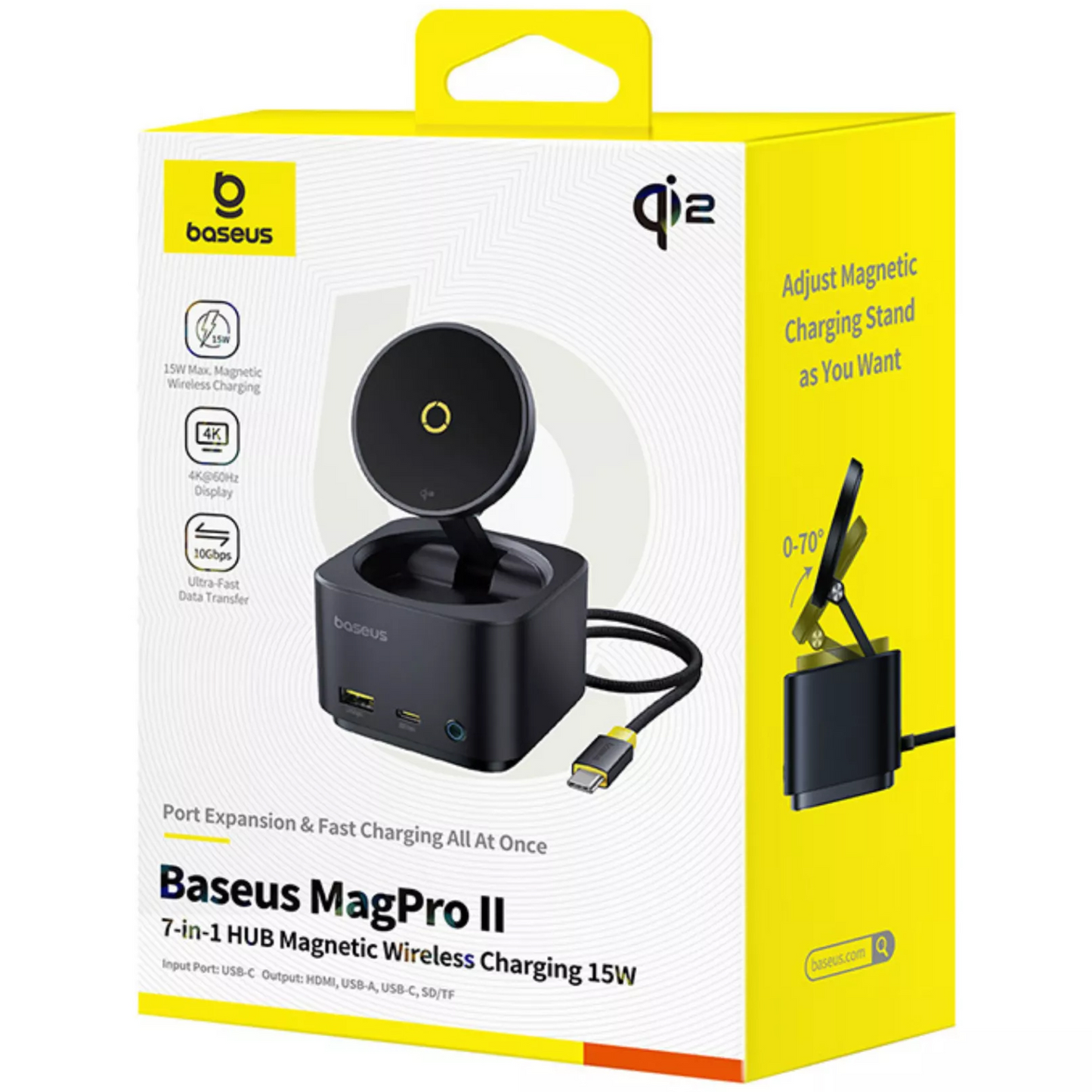 Мултифункционален хъб Baseus MagPro II 7в1, 1 x USB-A - 2 x USB-C - 1 x HDMI - 1 x QI - 1 x SD - 1 x microSD, Черен Ресилиран B00072900121-00