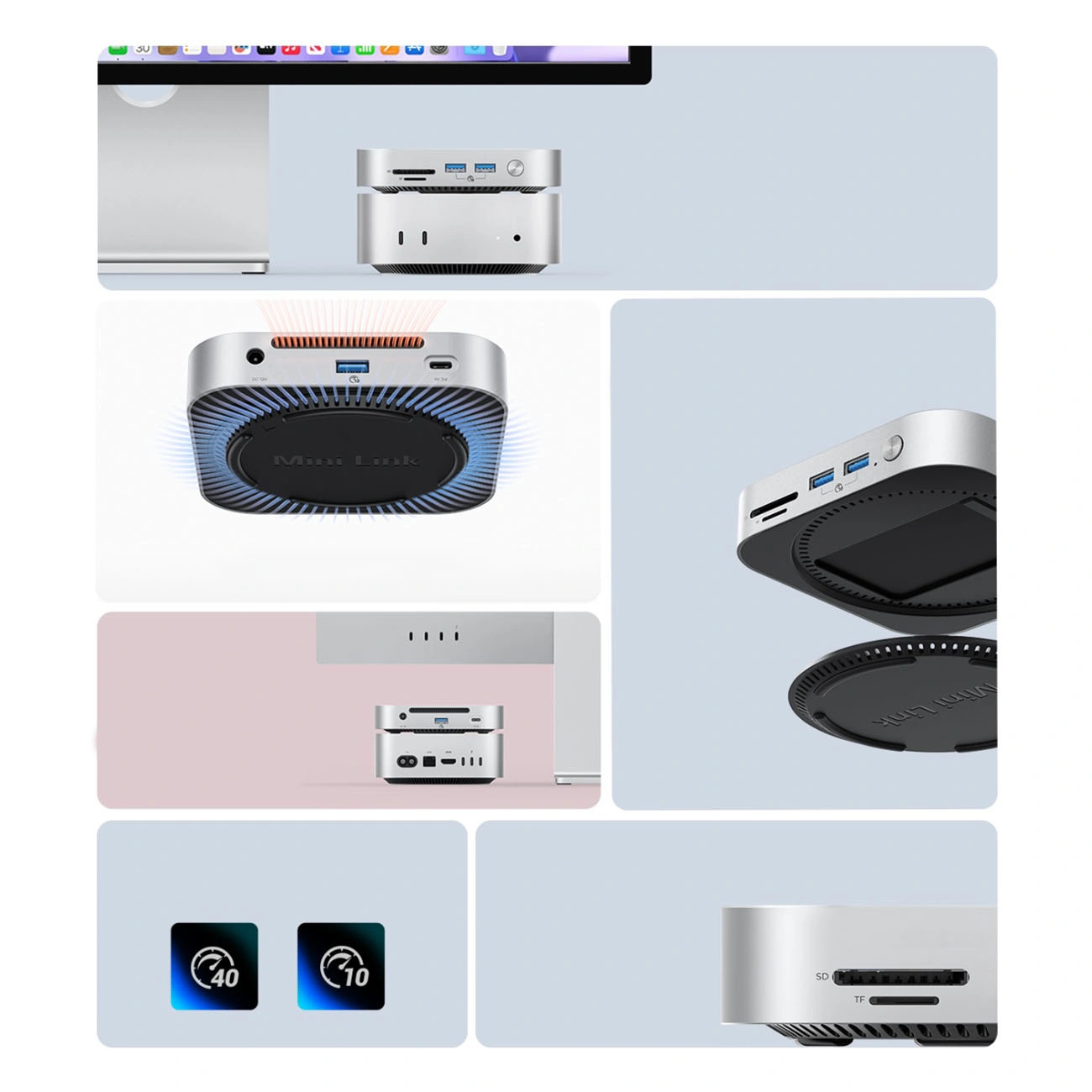 Мултифункционален хъб Orico MiniLink M49P за Apple Mac Mini M4, 9в1, Сребрист