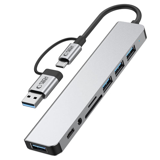 USB хъб / USB-C Tech-Protect HB06, 2 x USB-A 3.0 - 2 x USB-A - 1 x USB-C - 1 x жак 3.5mm - 1 x SD - 1 x microSD, Сив