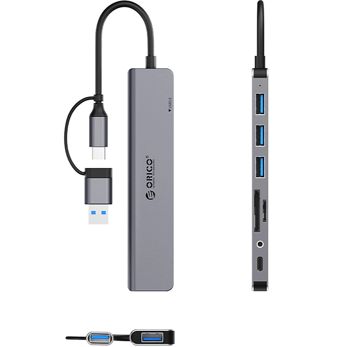 Hub USB / USB-C Orico YSA8-U3, 1 x USB-A 3.0 - 3 x USB-A - 1 x USB-C - 1 x Jack 3.5mm - 1 x SD - 1 x microSD, Черен
