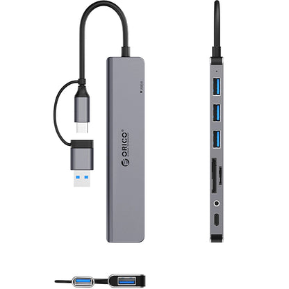 Hub USB / USB-C Orico YSA8-U3, 1 x USB-A 3.0 - 3 x USB-A - 1 x USB-C - 1 x Jack 3.5mm - 1 x SD - 1 x microSD, Черен