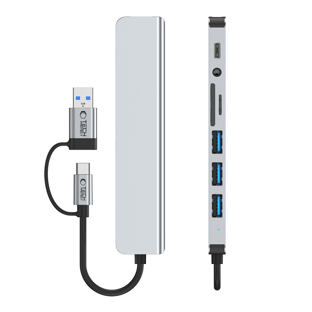 USB хъб / USB-C Tech-Protect HB06, 2 x USB-A 3.0 - 2 x USB-A - 1 x USB-C - 1 x жак 3.5mm - 1 x SD - 1 x microSD, Сив