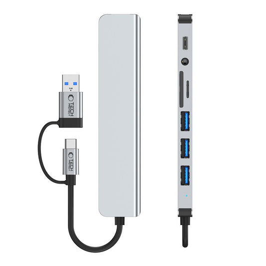 USB хъб / USB-C Tech-Protect HB06, 2 x USB-A 3.0 - 2 x USB-A - 1 x USB-C - 1 x жак 3.5mm - 1 x SD - 1 x microSD, Сив