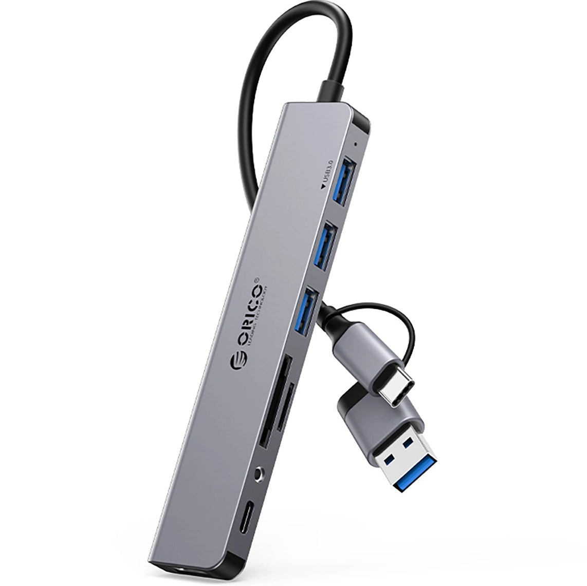 Hub USB / USB-C Orico YSA8-U3, 1 x USB-A 3.0 - 3 x USB-A - 1 x USB-C - 1 x Jack 3.5mm - 1 x SD - 1 x microSD, Черен