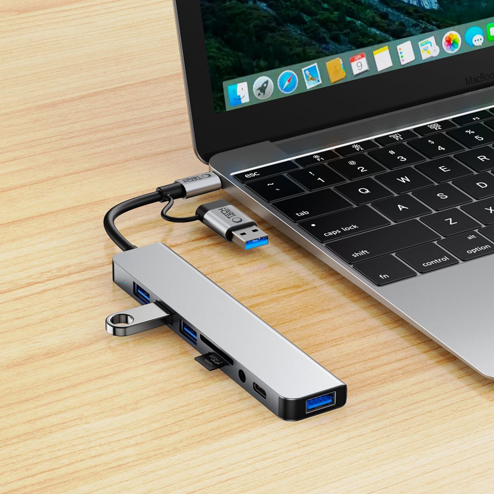 USB хъб / USB-C Tech-Protect HB06, 2 x USB-A 3.0 - 2 x USB-A - 1 x USB-C - 1 x жак 3.5mm - 1 x SD - 1 x microSD, Сив
