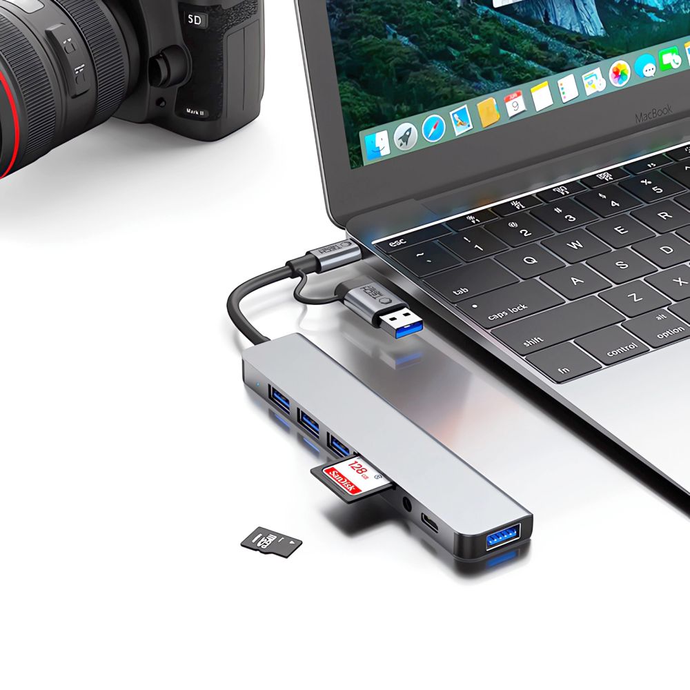 USB хъб / USB-C Tech-Protect HB06, 2 x USB-A 3.0 - 2 x USB-A - 1 x USB-C - 1 x жак 3.5mm - 1 x SD - 1 x microSD, Сив