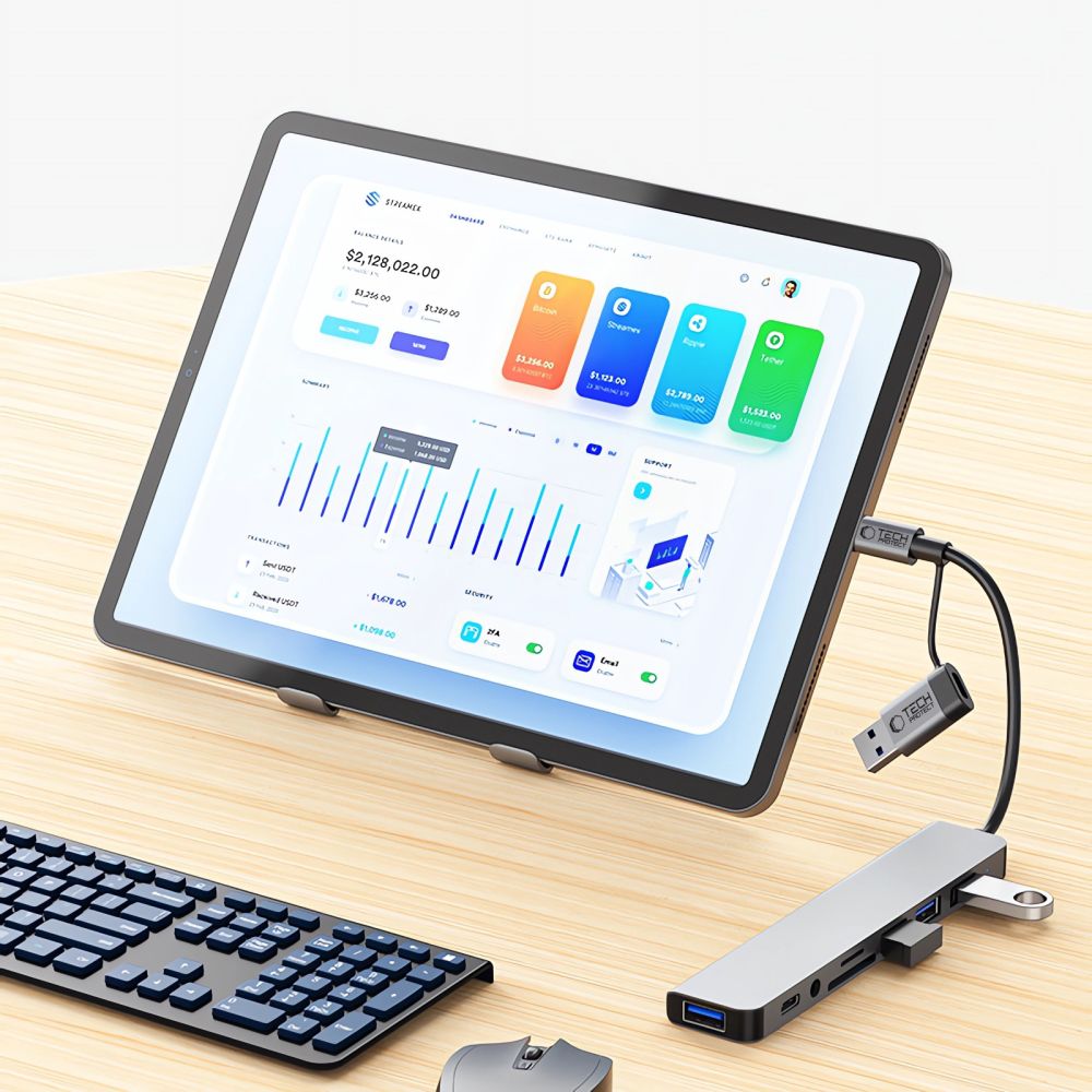 USB хъб / USB-C Tech-Protect HB06, 2 x USB-A 3.0 - 2 x USB-A - 1 x USB-C - 1 x жак 3.5mm - 1 x SD - 1 x microSD, Сив