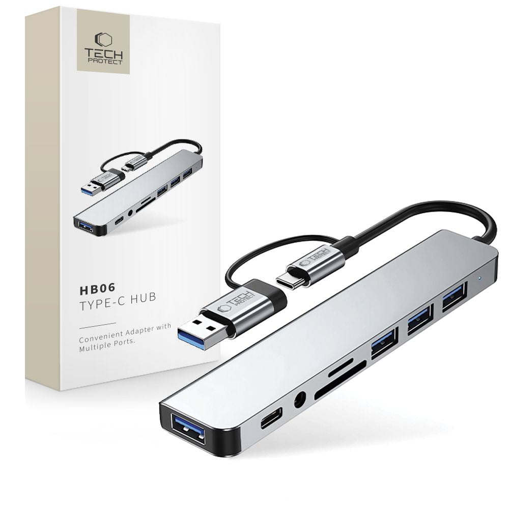 USB хъб / USB-C Tech-Protect HB06, 2 x USB-A 3.0 - 2 x USB-A - 1 x USB-C - 1 x жак 3.5mm - 1 x SD - 1 x microSD, Сив