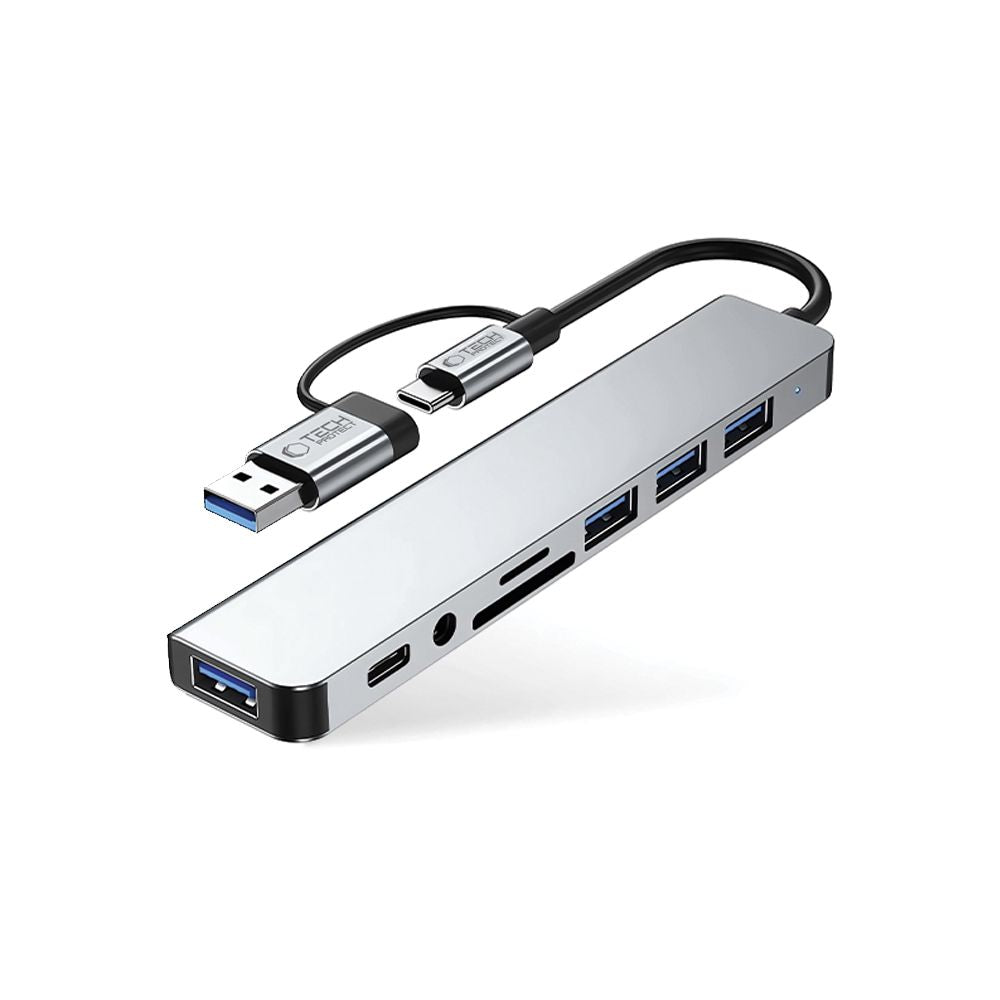 USB хъб / USB-C Tech-Protect HB06, 2 x USB-A 3.0 - 2 x USB-A - 1 x USB-C - 1 x жак 3.5mm - 1 x SD - 1 x microSD, Сив