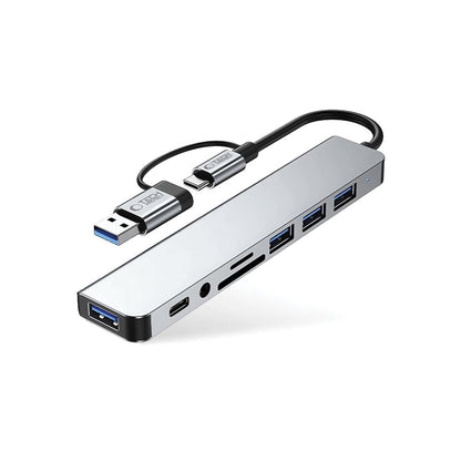 USB хъб / USB-C Tech-Protect HB06, 2 x USB-A 3.0 - 2 x USB-A - 1 x USB-C - 1 x жак 3.5mm - 1 x SD - 1 x microSD, Сив