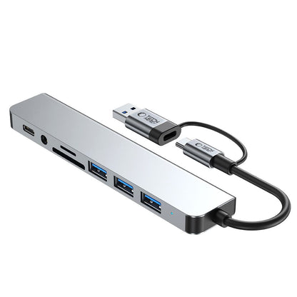 USB хъб / USB-C Tech-Protect HB06, 2 x USB-A 3.0 - 2 x USB-A - 1 x USB-C - 1 x жак 3.5mm - 1 x SD - 1 x microSD, Сив