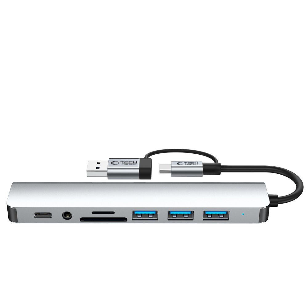 USB хъб / USB-C Tech-Protect HB06, 2 x USB-A 3.0 - 2 x USB-A - 1 x USB-C - 1 x жак 3.5mm - 1 x SD - 1 x microSD, Сив